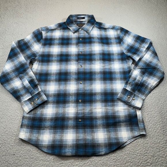 Pendleton Shirt Men Medium Blue Plaid Pocket Button Front Mason Work‎ Hike Gorp - Picture 2 of 13
